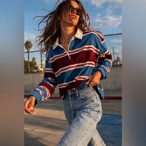 Urban Outfitters Richmond Stripe Blue Red Rugby  Raw Hem Cropped Top~Size Small